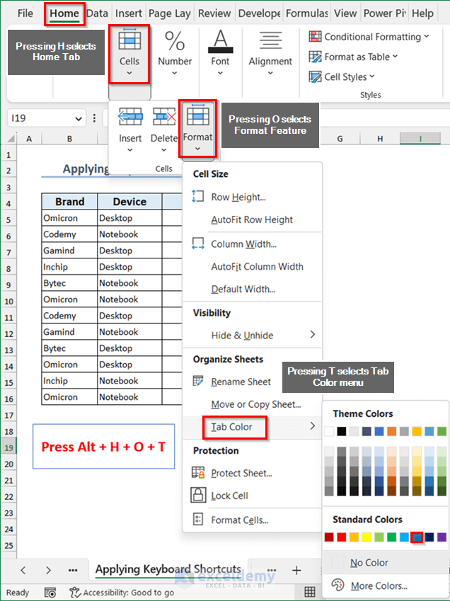 Changing Worksheet Tab Color Applying Keyboard Shortcuts