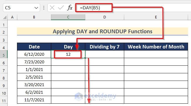 Applying DAY and ROUNDUP Functions in Excel