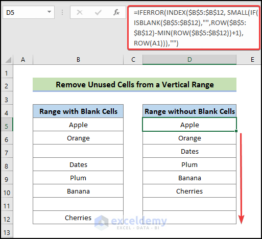 removing unused cells from a vertical range