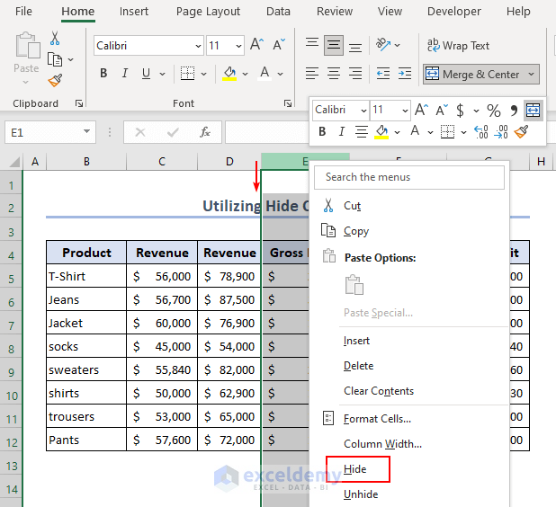 Using hide option to hide data in Excel