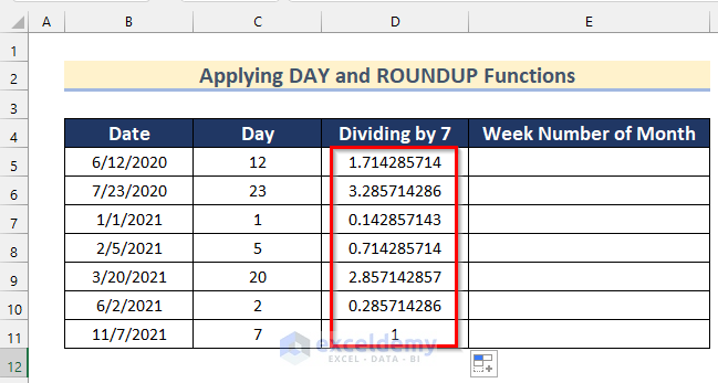 Applying DAY and ROUNDUP Functions in Excel