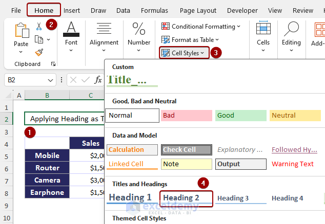 Applying heading as title cell style