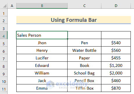Using Formula Bar to Title a Column