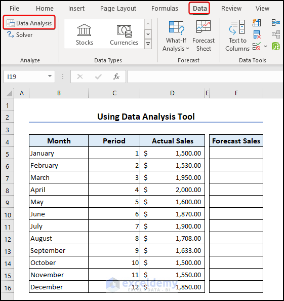 Data Analysis Tool in Data Tab