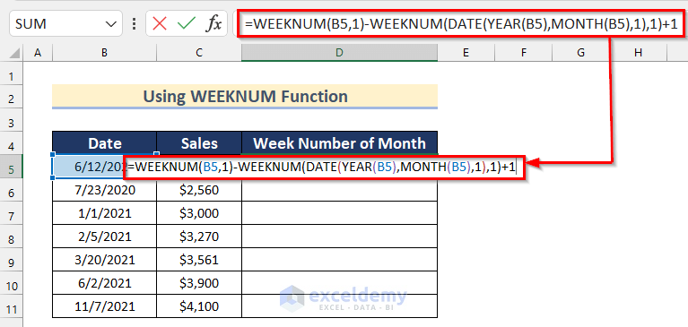 Using WEEKNUM Function to Convert Date to Week Number of Month in Excel