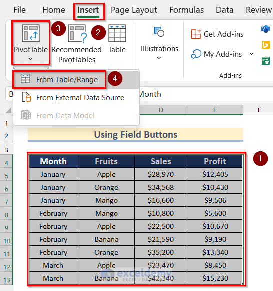 Using Field Buttons to Filter a Pivot Chart in Excel