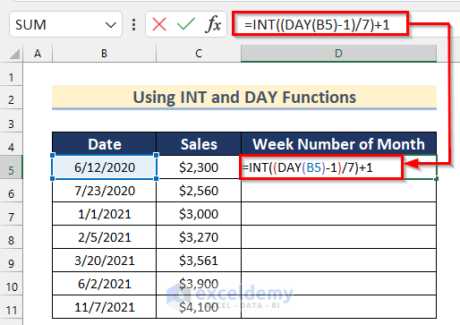 Using INT and DAY Functions to Convert Date to Week Number of Month in Excel