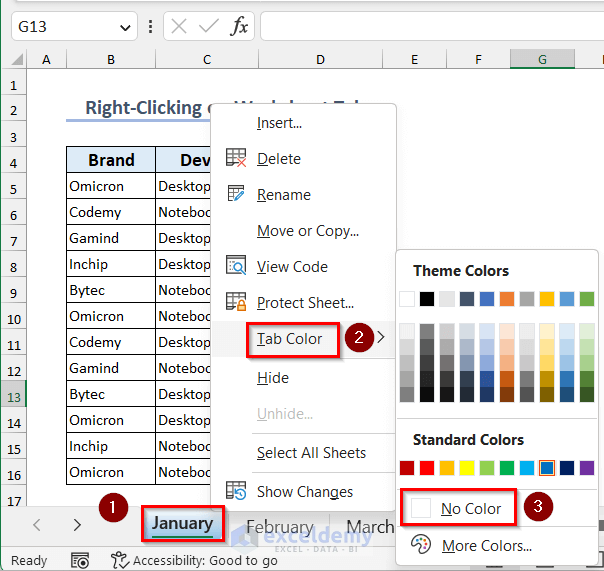 Removing worksheet tab color by right-clicking on worksheet