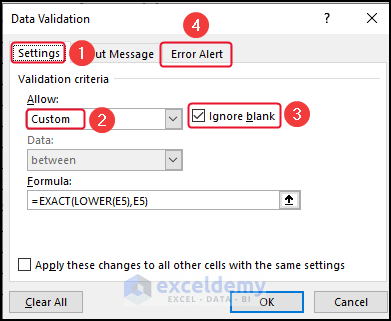 Selecting Settings in the Data Validation dialog box