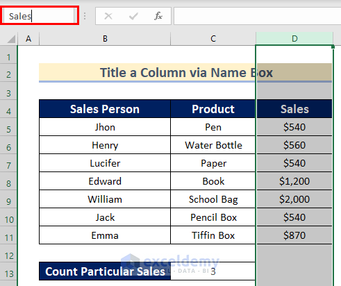 Title a Column via Name Box in Excel