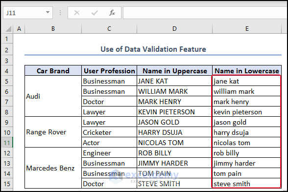 Result after Using Data Validation Feature to change uppercase to lowercase in Excel