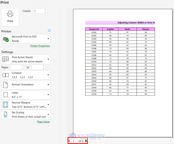 Adjusting Column Width or Row Height to Fit Excel Sheet on One Page PDF