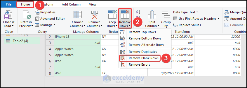 click on remove rows option