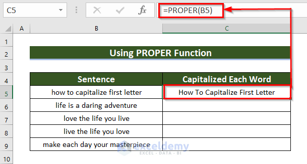 Excel Capitalize First Letter of Sentence