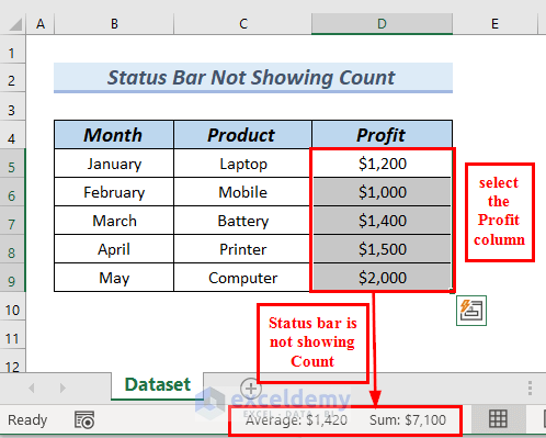 Excel Status Bar Not Showing Count