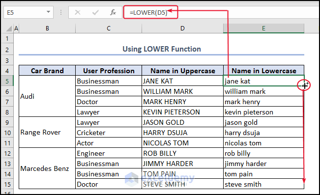 Using LOWER Function to Change Upprcase to Lowercase in Excel