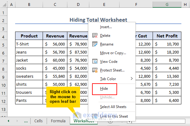 Hiding total sheet to hide data in Excel