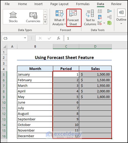 Selecting Forecast sheet in Data tab for How to Do Exponential Smoothing in Excel