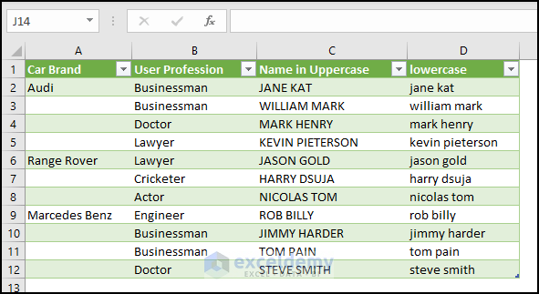 Result after using Power Query to Change Upprcase to Lowercase in Excel
