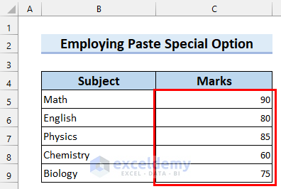 Employing Paste Special Option