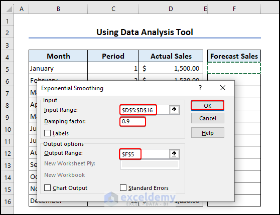 Damping factor 0.9 for how to do Exponential Smoothing in Excel