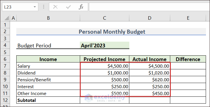 Inserting Projected and Actual Income Amounts to Make a Personal Monthly Budget in Excel