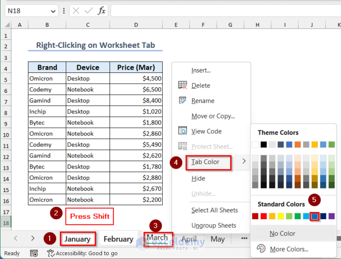 Selecting and changing the tab color of Multiple adjacent worksheets