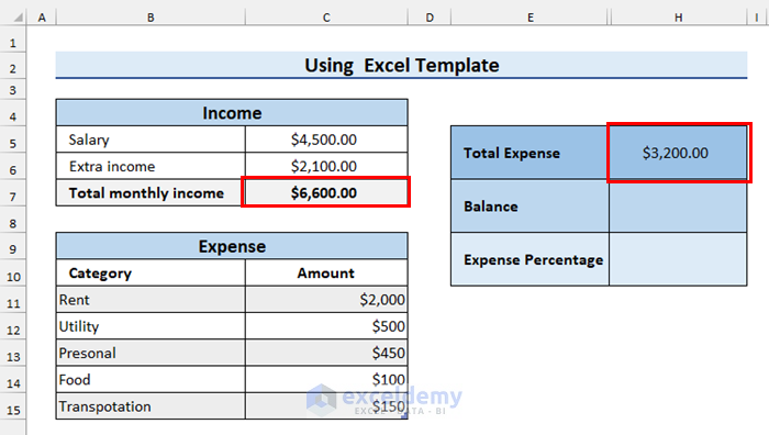 Use of “Personal Monthly Budget Template” to Track Income and Expenses in Excel