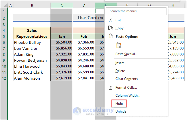 5-Use the Context menu to hide selected columns 