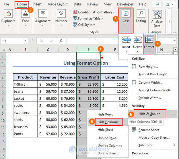 Using format option to hide data in Excel column wise