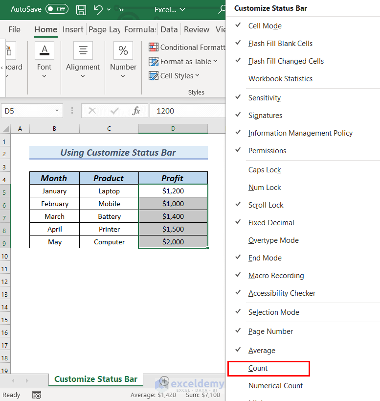 Excel Status Bar Not Showing Count