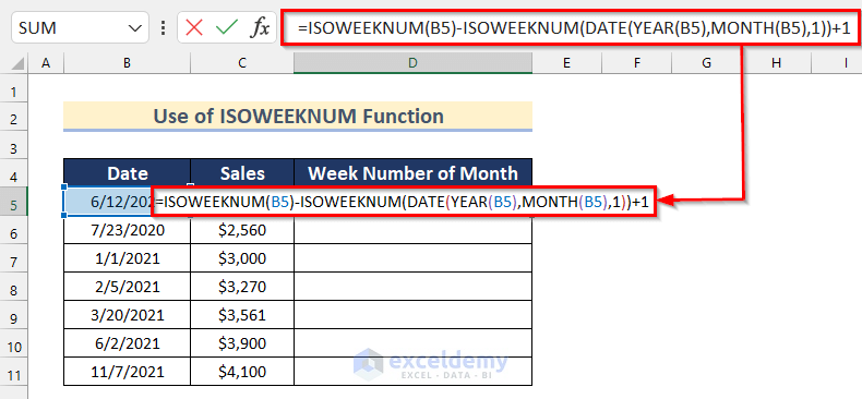 Use of ISOWEEKNUM Function to Convert Date to Week Number of Month
