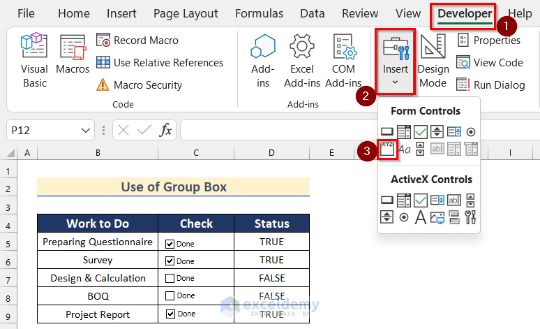 Use of Group Box Command to Group Checkboxes in Excel