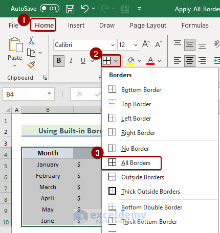 Applying All Borders from Excel Ribbon