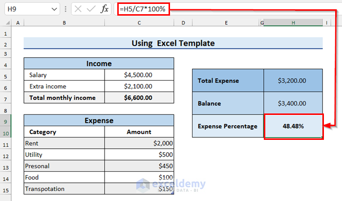 Use of “Personal Monthly Budget Template” to Track Income and Expenses in Excel