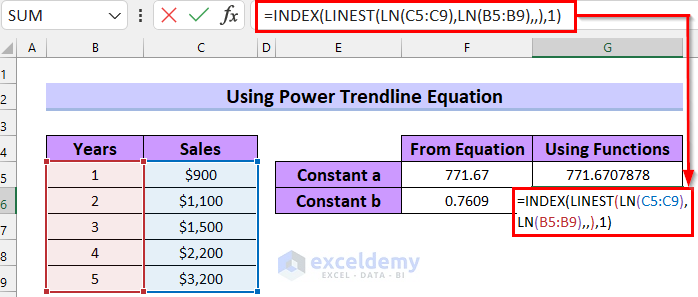 Using Power Trendline Equation in Excel