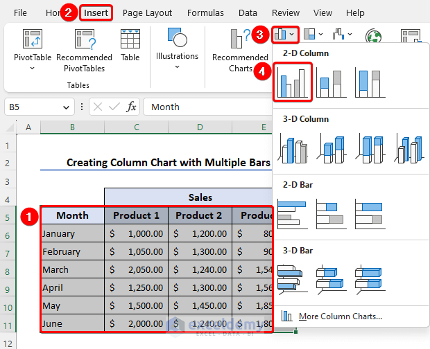 Creating column chart in Excel with multiple bars