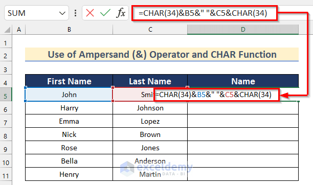 Use of Ampersand (&) Operator and CHAR Function to Add Double Quotes in Excel