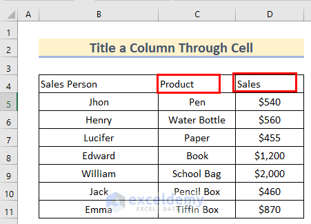 Title a Column Through Cell in Excel