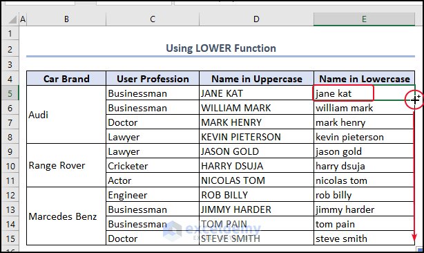 Result after using LOWER Function from Formula Tab