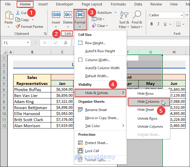7-Apply Hide & Unhide feature to hide selected columns 