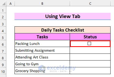 Use of View Tab to Resize Checkbox in Excel