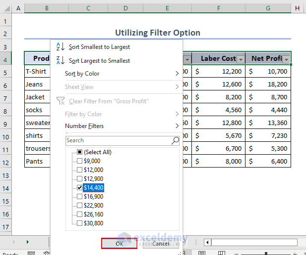 Using filter option to hide data in Excel