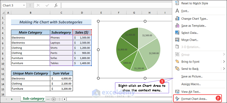 Right-click on Chart Area and click on Format Chart Area