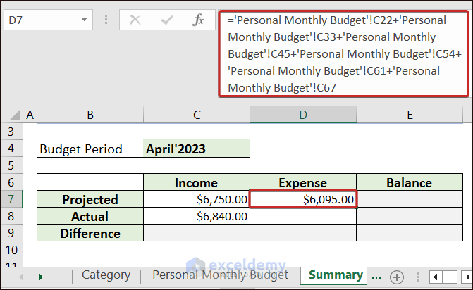 Summarizing Total Projected Expenses to Make a Personal Monthly Budget in Excel