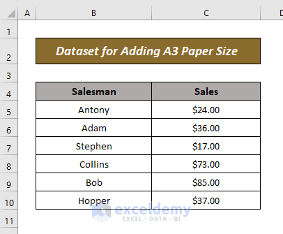 Dataset for Adding A3 Paper Size in Excel