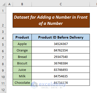 Dataset for Adding a Number in Front of a Number in Excel