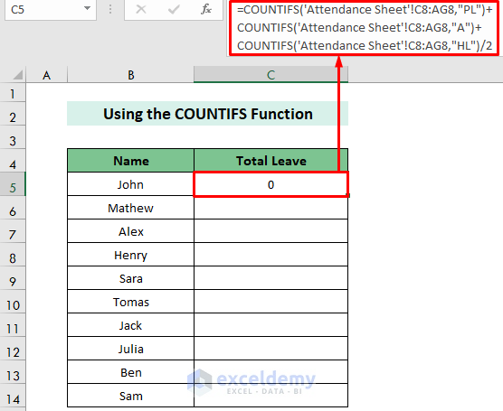 Use COUNTIFS Function to Calculate Half Day in Excel Attendance Sheet