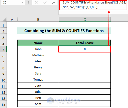 Combine the SUM and COUNTIF Function to Calculate Half Day in Excel Attendance Sheet