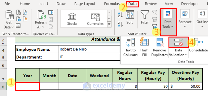 Set Year, Month, Date, and Weekend Data in a Helper Sheet to make Attendance and Overtime Calculation Sheet 